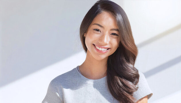  snapshot of beautiful Asian woman with long straight hair, 16:9 widescreen image
