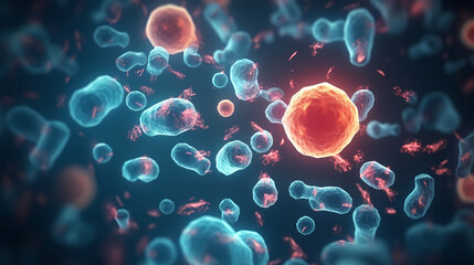 Various shapes of bacteria, probiotics under microscope, science, medicine concept background