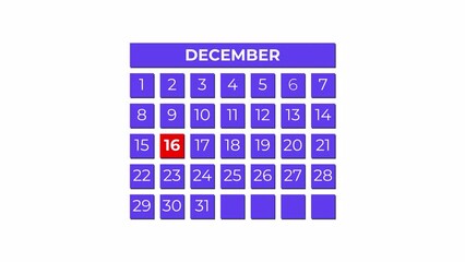 16th December calendar icon animation. Alpha matte with transparent background 4K resolution.