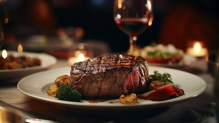 A Portrait of a juicy Beef Filet Steak next to sides, WIne on the Table. Cozy and warm atmosphere.