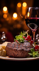 A Portrait of a juicy Beef Filet Steak next to sides, WIne on the Table. Cozy and warm atmosphere.