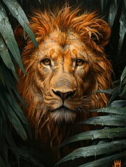 jungle shot, acrylic painting, Lion facing camera, full body pose, focus on Lion - generative ai 