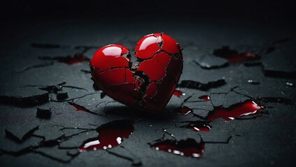 Broken red heart on a dark retro background. Minimal abstract lost love and breakup concept. Loved...