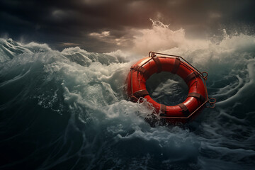 Red life buoy in rough storm water - obrazy, fototapety, plakaty
