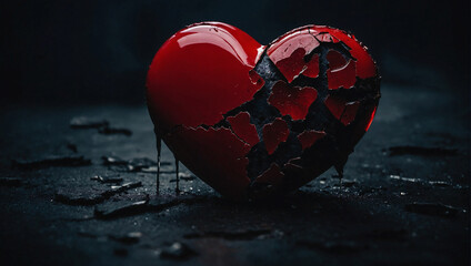 Broken red heart on a dark retro background. Minimal abstract lost love and breakup concept. Loved ones we lost idea and strong emotions idea. With copy space.