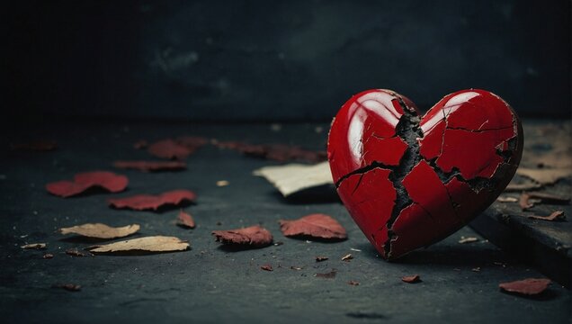 Broken red heart on a dark retro background. Minimal abstract lost love and breakup concept. Loved ones we lost idea and strong emotions idea. With copy space.