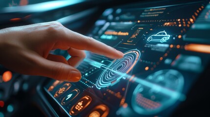Fototapeta na wymiar Slow motion closeup of a finger swiping across a curved touchscreen in a hightech car revealing a dynamic user interface with realtime data and advanced visualizations of