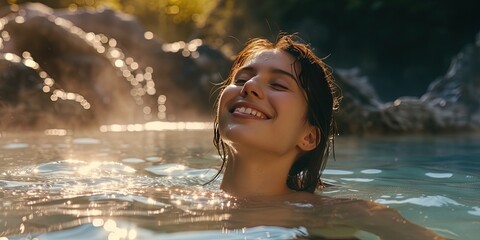 Young woman on vacation, smiling and relaxing in an outdoor hot springs