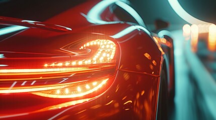 In a closeup shot the camera focuses on the intense gleam of the headlights as they illuminate the blurred scenery in the background a clear indication of the breakneck speed