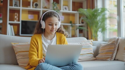 Young girl wearing headphones and listening to music while studying on the laptop computer. Lifestyle image indoors at home for virtual remote learning with teachers and students