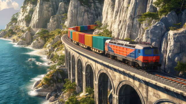 A train chugging along a coastal rail line ping through tunnels and over bridges as it transports stacked containers to their final destination.