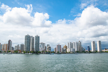 Blue Skies and City Skyline Along Coast of Santos Sao Paolo Brazil