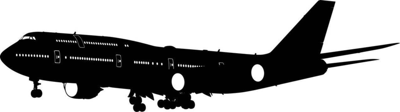 Illustration of a commercial plane rich in details, doors and windows visible in color and black and white