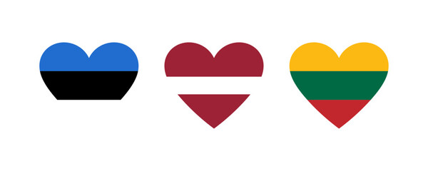 Vector Baltic States flags. Estonia, Latvia, Lithuania. Heart shape Estonian flag, Latvian flag, Lithuanian flag.