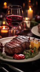 A Portrait of a juicy Beef Filet Steak next to sides, WIne on the Table. Cozy and warm atmosphere.