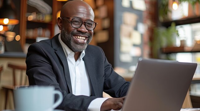 black man using laptop in home office. Remote work from home concept with cheerful adult