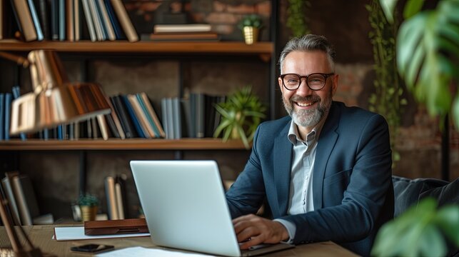 mature man using laptop in home office. Remote work from home concept with cheerful adult