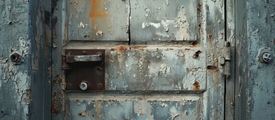 Aged entrance door with faded gray paint to the Soviet bunker hatch.
