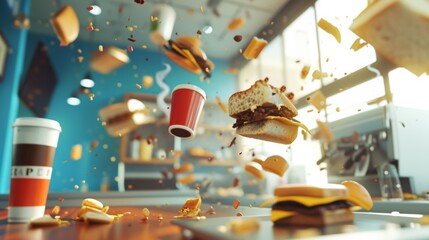A chaotic scene in the break room with coffee mugs floating in midair and sandwiches being eaten from the bottom up as everyone observes UpsideDown Day. - obrazy, fototapety, plakaty