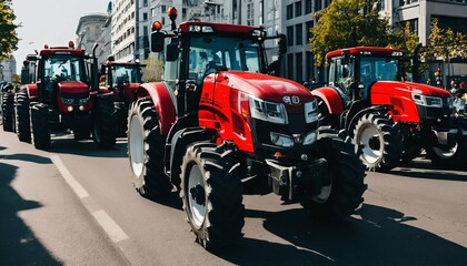 Tractors blockade city streets causing traffic jams during protest rally by agricultural workers against tax increases and law changes - obrazy, fototapety, plakaty