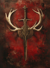 Symbol of fusion of deer antlers and sword on a red grunge background. A knight's coat of arms consisting of a sword and branched deer antlers. AI generated