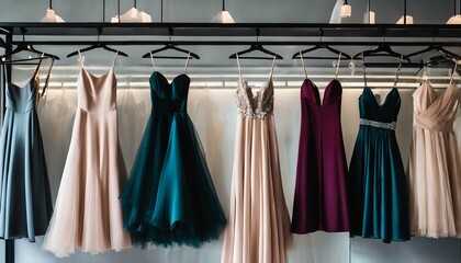 Elegant formal dresses on display in a luxury boutique, featuring prom, wedding, and evening gowns - options for rent for various events - obrazy, fototapety, plakaty