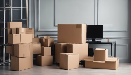 Stack of cardboard boxes and office chair in an empty office room, symbolizing moving to a new office, crisis adaptation, and the start of a new business