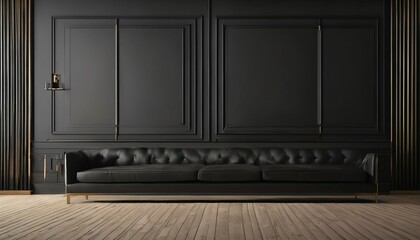 Contemporary minimalist interior design of a living room with black wall and empty space