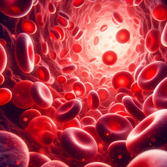 Fototapeta premium Close-up view red blood cells human body various shapes sizes predominant red color bright light source illuminating