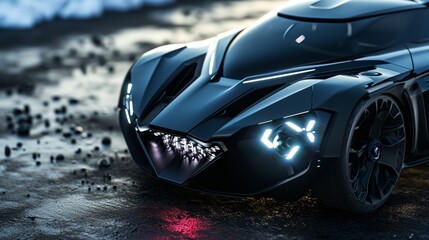 In this shot we see a pair of headlights with a funky and angular design featuring a mix of glossy and textured materials. The headlights are also equipped with rotating beams