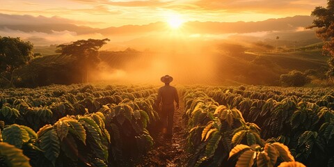 man with hat walking through field of coffee crops - obrazy, fototapety, plakaty
