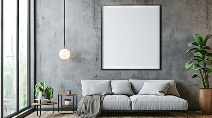 Blank poster frame hanging on living room wall