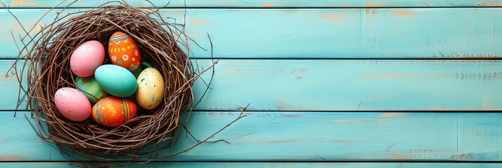 Colorful easter eggs in a nest on a wooden table, overhead photo for easter holiday