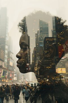 A double exposure image of a woman with a cityscape and a lot of people behind her. She looks weighed down by heavy thoughts. 