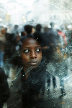 A double exposure image of a woman with a cityscape and a lot of people behind her. She looks weighed down by heavy thoughts. 