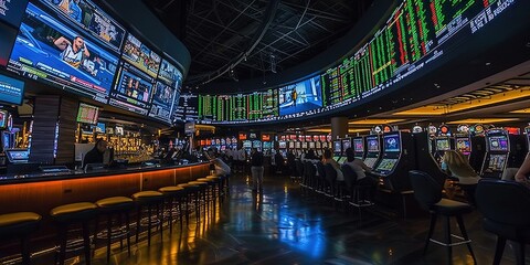 Sports betting casino concept with glowing machines, TV screens, and scores, 