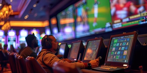Sports betting casino concept with men using machines