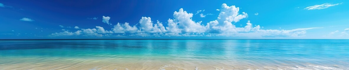 Fototapeta premium Panoramic beach landscape with the sky meeting the ocean water and a sandy deserted beach