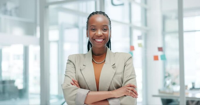 Face, business and black woman with arms crossed, smile for job and employee work in Kenya in office. Portrait, happy and confident African professional, agent or funny entrepreneur laugh in company