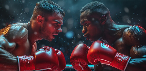 Two boxers fighting on the ring. Splashes sweat on the background. Generative AI.