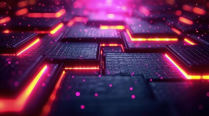 Close-up of Glowing Circuit Board with Purple and orange Lights and Microchips - Technology Texture Background. Futuristic background.