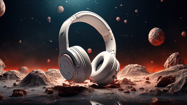 modern headphones against the backdrop of the red planet