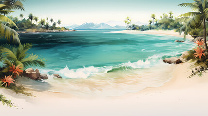 Fototapeta na wymiar Sandy beach with light blue transparent water waves and sunlight, tranquil aerial beach scene