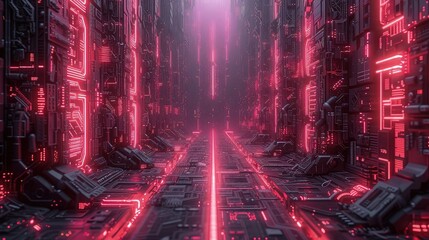 Future supercomputer server room with Pink Lights and Microchips - Technology Texture Background. Futuristic background.