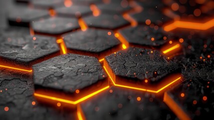 Obraz premium Black hexagon tile wallpaper with orange light. technology abstract background.