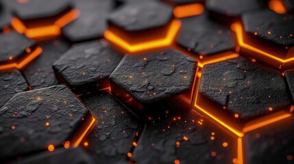 Black hexagon tile wallpaper with orange light. technology abstract background. - obrazy, fototapety, plakaty