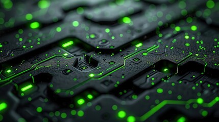 Close-up of Glowing Circuit Board with Orange Lights and Microchips - Technology Texture Background. Futuristic background.