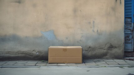 Lonely cardboard box left on a city street corner with weathered walls in the background.