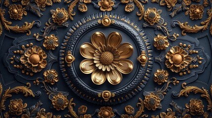 Luxurious gypsum background with black floral patterns and gold accents.