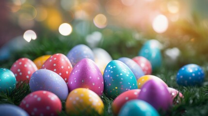 Fototapeta na wymiar Vibrant hand-painted Easter eggs nestled in soft green grass with warm bokeh lights.
